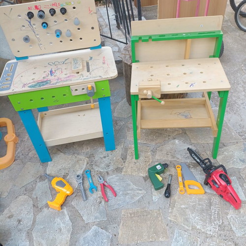 Children's wooden workbench used with tools