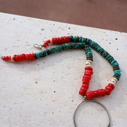 Silver 925 necklace with turquoise and coral like new, handmade Navaho