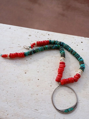 Silver 925 necklace with turquoise and coral like new, handmade Navaho