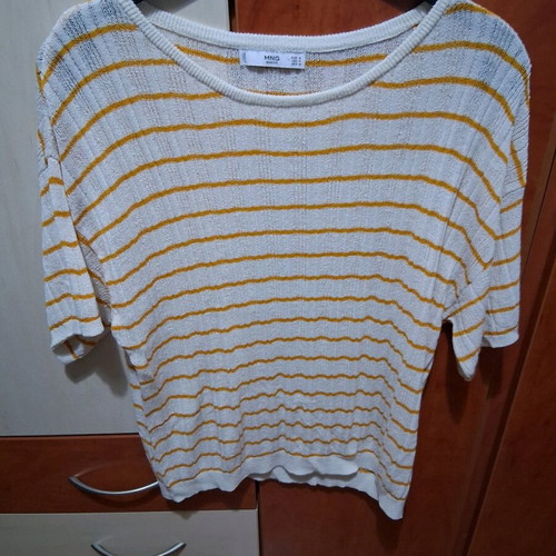 Mango Women's Blouse Like New, Airy Knit, Beige with Yellow Stripes, Size M