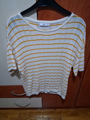 Mango Women's Blouse Like New, Airy Knit, Beige with Yellow Stripes, Size M