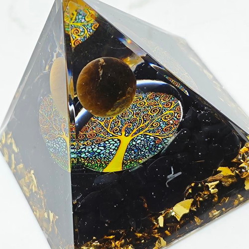 Orgonite pyramid with Tiger's Eye and Tree of Life like new