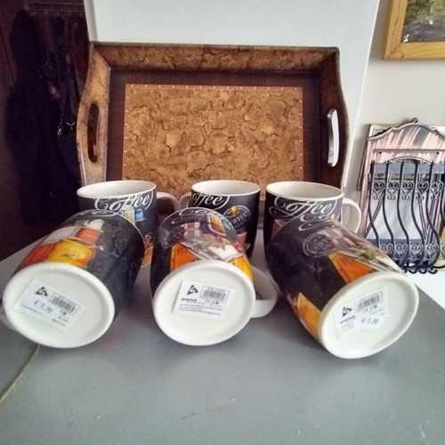 Tea cup set of six new with large wooden tray