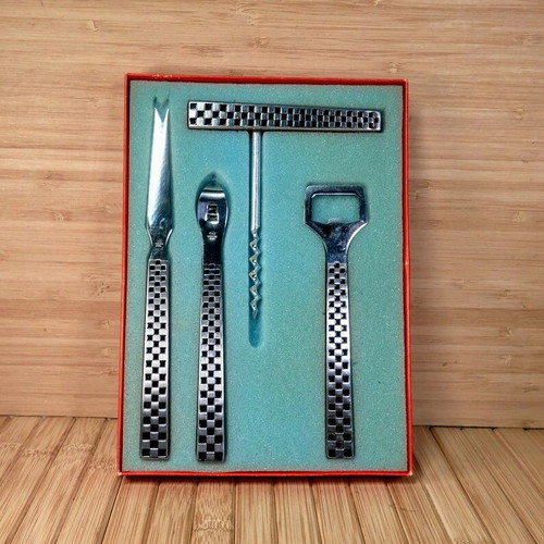 Vintage/Retro 60s YAX Bar Set 4 Pieces new Stainless Steel and Teak Wood