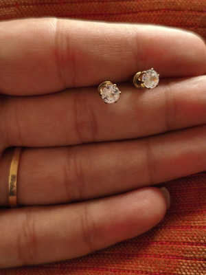 Gold-plated stud earrings with transparent zircon stones, like new