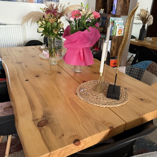 Solid pine wood dining table and coffee table set with metal legs