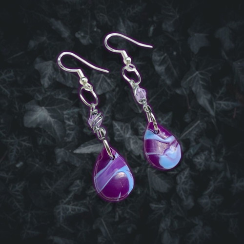 Earrings drops new with purple-blue marbled effect, hypoallergenic
