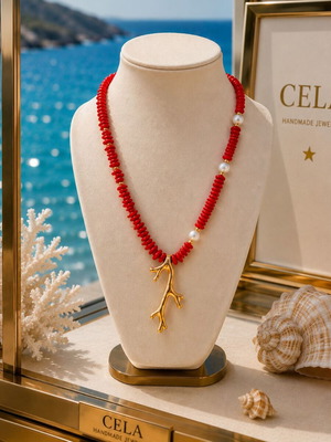 Handmade Long Necklace with Semi-Precious Stones Natural CORAL and WHITE STONE - metal coral