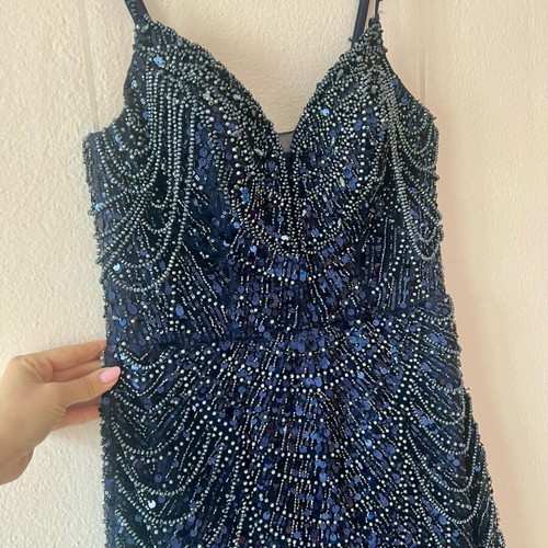 Maxi evening dress navy blue with sequins and beads like new, size M