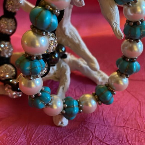 Black bracelet with shiny stones and turquoise pearl bracelet, set of 2