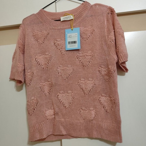 Compania Fantastica pink knitted short sleeve blouse with heart design