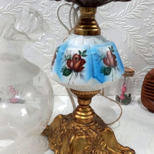 Vintage table lamp with glass chimney and carved brass base used