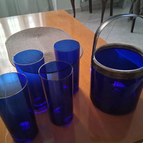 Set of 4 blue glass ouzo glasses and matching ice bucket like new