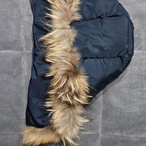 Women's blue long puffer jacket with detachable hood, like new, size medium