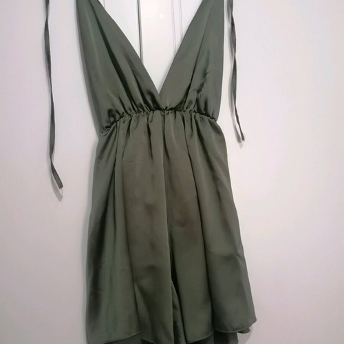 One-piece shorts satin romper used, khaki, size M