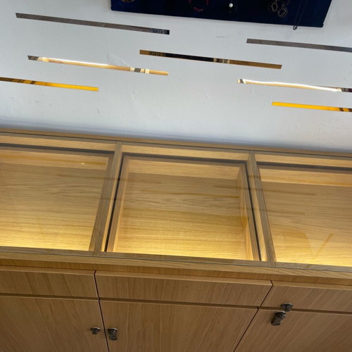 Display Cabinets like new, walnut, LED lighting, soft close, set of 2