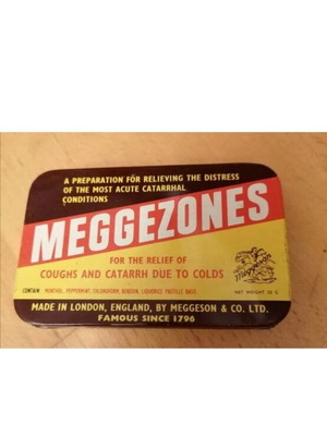 Meggezones vintage metal box for throat pastilles, used