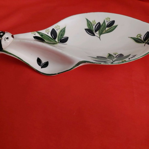 Serving plate for olives 26x12cm ceramic with handmade painting and pit curve new