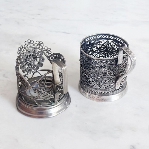 Soviet Silver-Plated Filigree Tea Glass Holders Pair Used