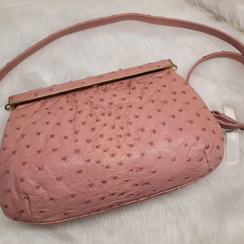 Vintage handbag made of genuine pink ostrich leather new