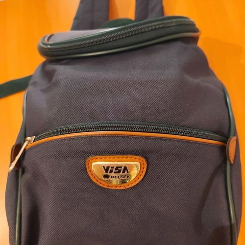 Delsey Visa mini backpack used, dark blue with leather details