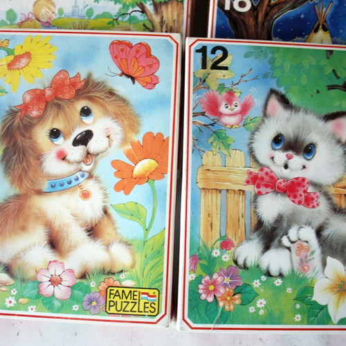 Vintage 80's Kitty Puppy Kids Sarah Kay Fame puzzles sealed, pack of 6