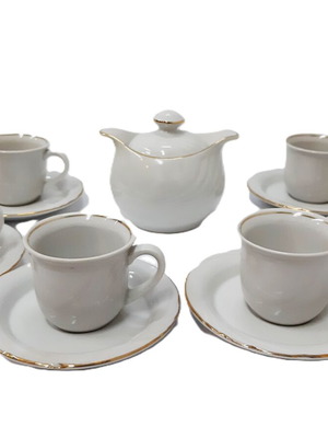 Diamond Porcelain espresso cup set 6 pcs with sugar bowl like new, white with gold trim