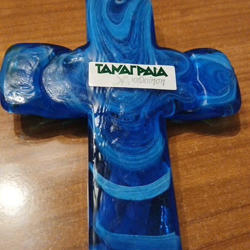 Handmade Tanagra Cross in Blue Glass like new