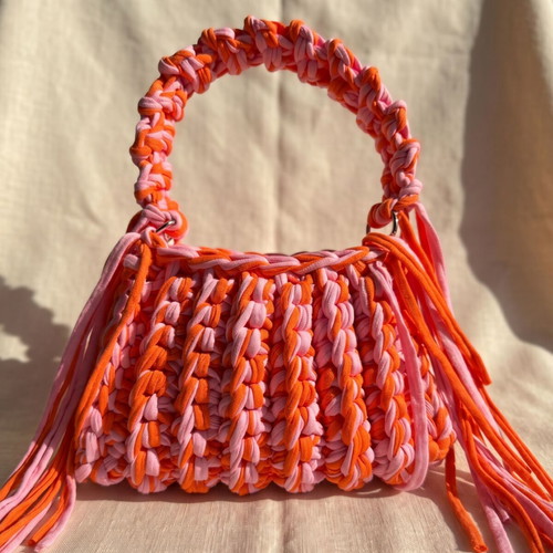 Handmade Crochet Fringe Bag new, pink and orange t-shirt yarn handbag