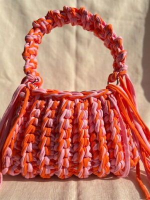 Handmade Crochet Fringe Bag new, pink and orange t-shirt yarn handbag