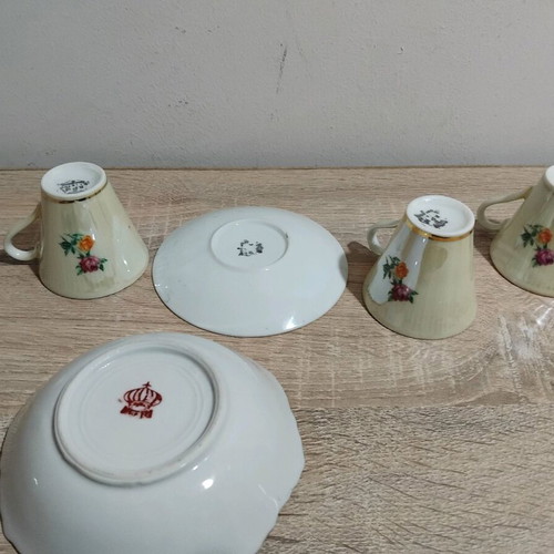 Porcelain coffee cups used, set of 3 with saucer and small bowl