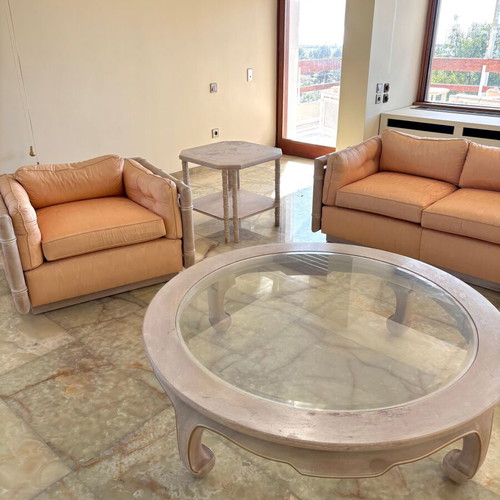 Vintage Bamboo sofa set like new, 3-seater couch with 2 armchairs and 2 tables