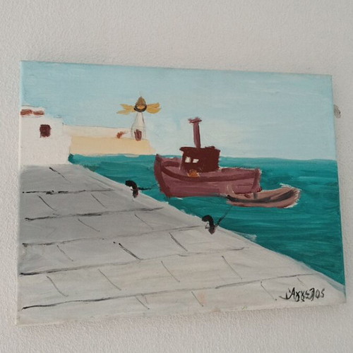 Handmade original children's painting on canvas, seascape