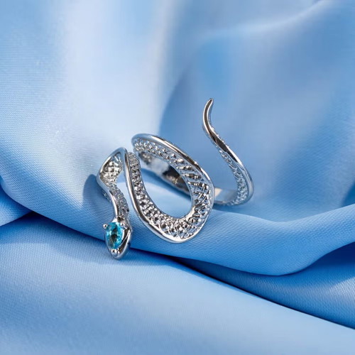 Silver S925 Snake Ring with Blue Stone, Adjustable