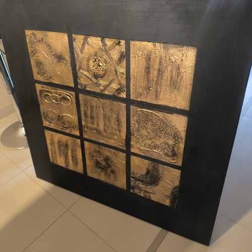 Handmade Embossed Wall Art 100x100 cm, Black & Gold Bronze