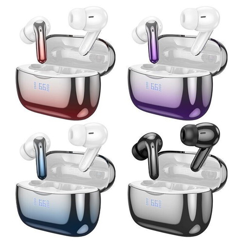 Bluetooth 5.3 Hoco earbuds with ANC+ENC, charging case and purple battery LED display