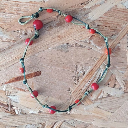 Handmade summer anklet bracelet, red and green