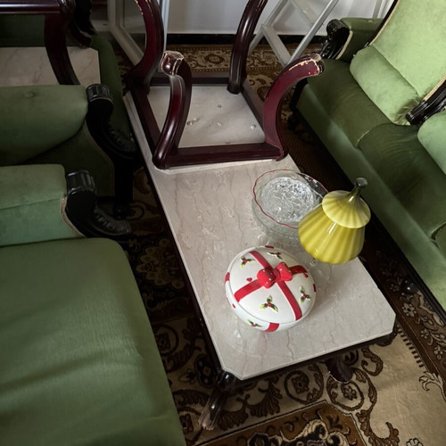 Classic sofa with 4 armchairs and 3 marble tables used