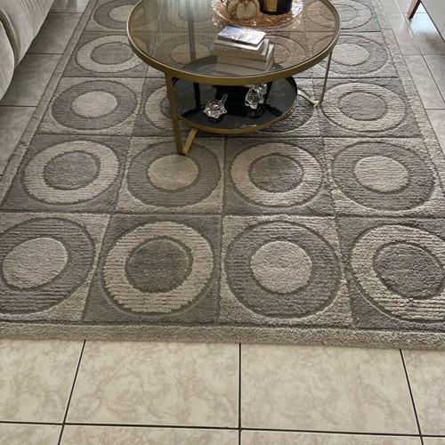 Rugs used, set of 3, gray with geometric patterns, one with defect