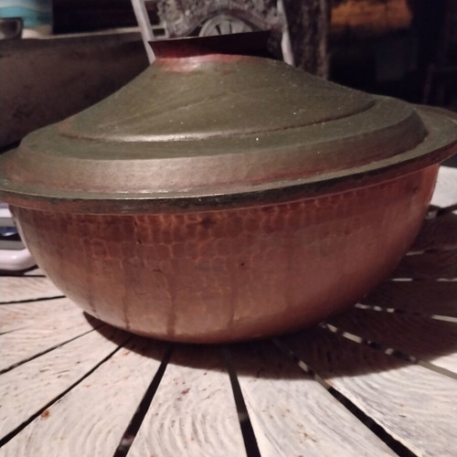 Handmade copper cooking vessel with lid used, vintage