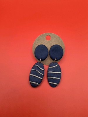 Handmade polymer clay dangle earrings new, dark blue with gold details