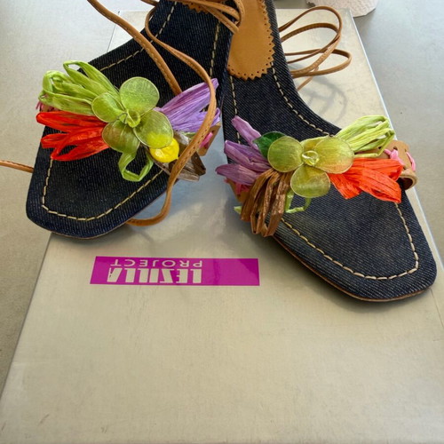 Le Silla Project Vintage Denim Raffia Flower Lace-Up Heels Size 38 like new