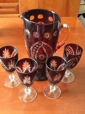 Σετ Μουράνο βίνταζ με μεγάλη κανάτα και τέσσερα ποτήρια σκαλιστά σαν καινούργιο