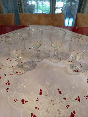 Vintage crystal liqueur glasses set of 4 used with embossed carving