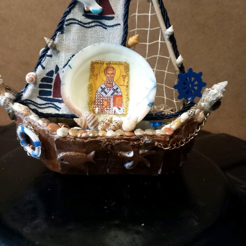 Handmade ship like new with shells and Saint Nicholas icon