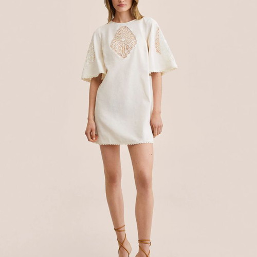 Mango mini dress Small used with applique embroidery beige