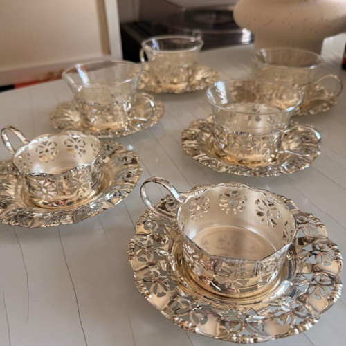 Vintage tea set 6 cups with glass and perforated metal bases like new