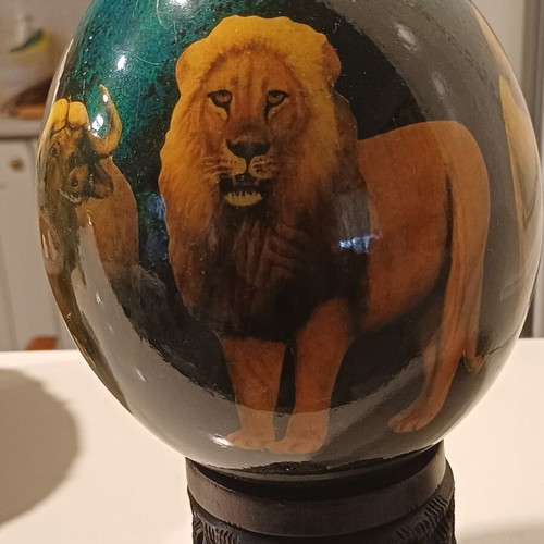 Hand-painted Ostrich Egg with Wooden Base, African Safari