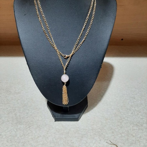 Jewelry set with pink quartz in steel, necklace length 80 cm, new