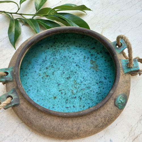 Ceramic platter with rope handles, turquoise interior, like new
